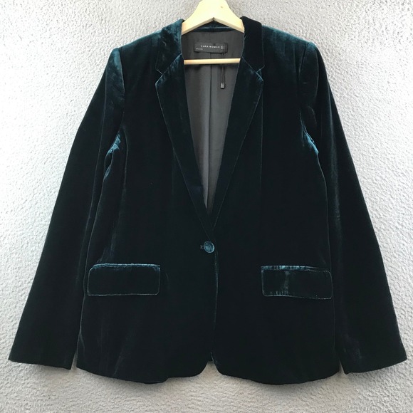 Zara Woman Medium Green Velvet Blazer Jacket Classic Career Business Casual M - Picture 1 of 8